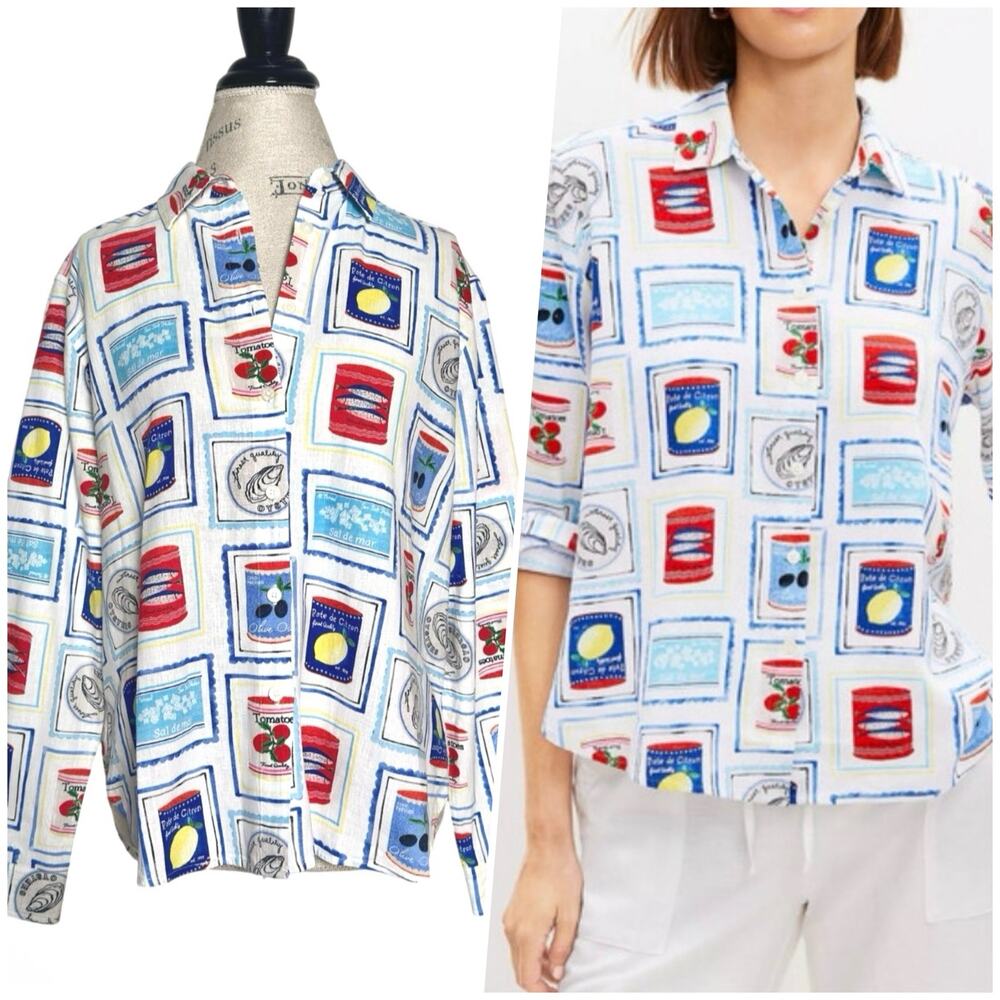 LOFT | Women | Fun Tin Can Print Linen Blend Relaxed LS Button Up Shirt | Medium